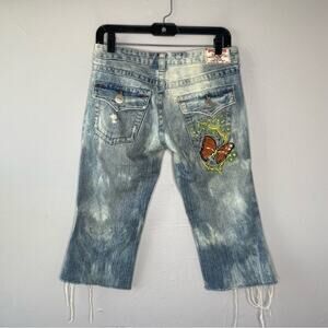 TRUE RELIGION Vintage Jeans Size 27 Butterfly Embroidered Beaded Low Rise Cutoff